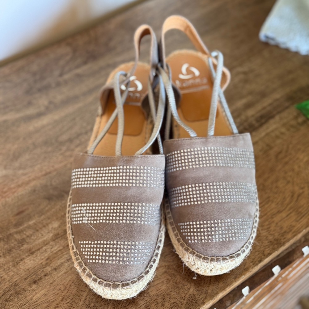 Kanna Espadrille Sandals Women 39 Taupe Suede Rhinestone Studded Slingback Spain - Picture 3 of 8